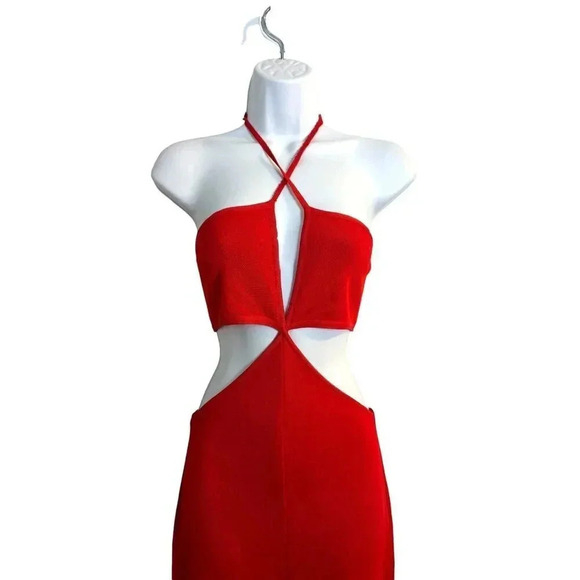 Balmain red knit cut out jumpsuit size 38  Flared Halter Runway 2015 US size 6 - Picture 13 of 16